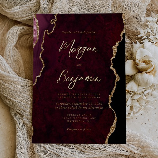 Invitation En Aluminium Mariage de script moderne Burgundy Red Agate (Créateur téléchargé)
