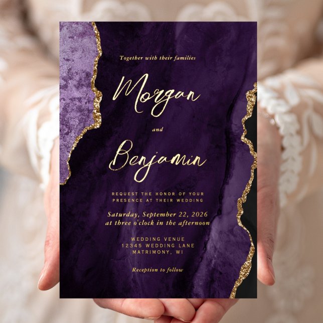 Invitation En Aluminium Mariage de script moderne violet Agate chic (Créateur téléchargé)