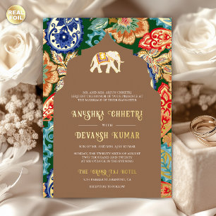 Invitation En Aluminium Mariage d'éléphant d'art populaire indien beige or