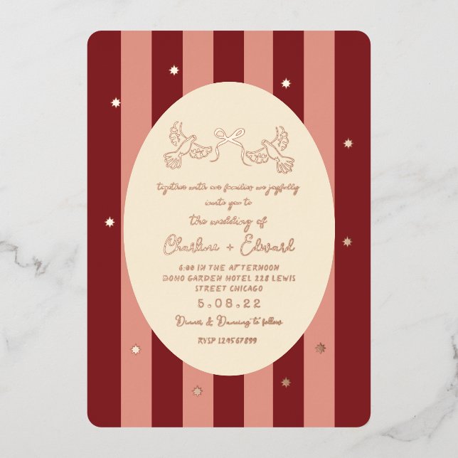 Invitation En Aluminium Mariage d'étoile rouge rose rayé or (Recto)