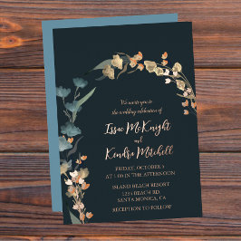 Invitation En Aluminium Mariage d'hiver bleu foncé Elégant Rose Gold