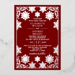 Invitation En Aluminium Mariage d'hiver Flocons de neige Rouge Argent