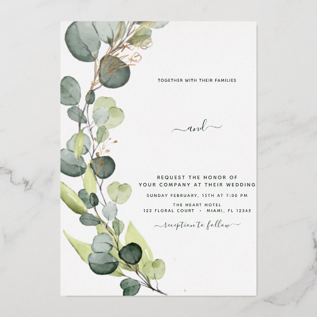 Invitation En Aluminium Mariage d'or Eucalyptus Green (Recto)