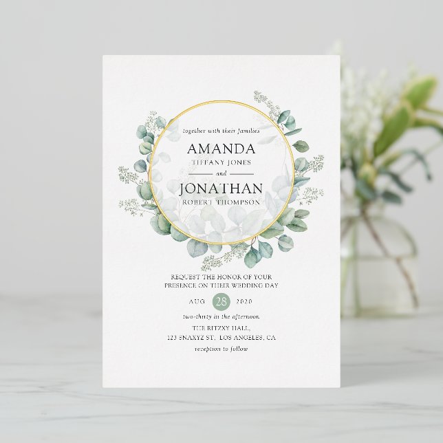 Invitation En Aluminium Mariage d'or géométrique Eucalyptus (Debout devant)