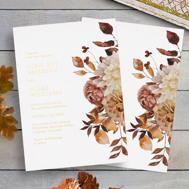 Invitation En Aluminium Mariage d'or moderne automne (White Fall Terracotta Leaves Modern Gold Wedding Foil Invitation by Painted Paperie
)