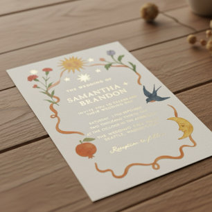 Invitation En Aluminium Mariage doré fantaisiste floral et céleste