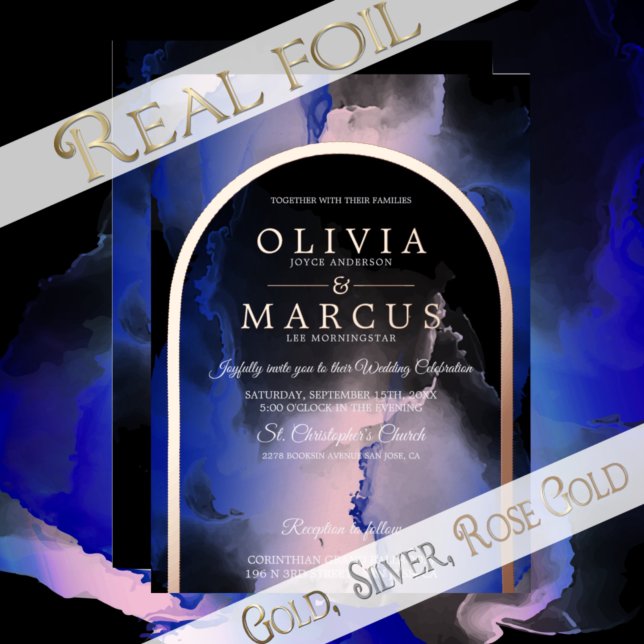 Invitation En Aluminium Mariage Dreamy Royal Blue Blush de Feuille (Créateur téléchargé)