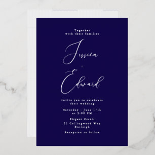 Invitation En Aluminium Mariage élégant à l'écriture Navy & Argent