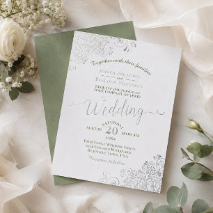 Invitation En Aluminium Mariage Élégant Argent & Vert Sauge sur Fond Blanc
