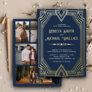 Invitation En Aluminium Mariage Élégant Art Déco Géométrique Bleu Nuit Or