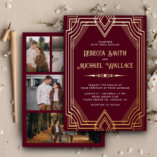 Invitation En Aluminium Mariage Élégant Art Déco Géométrique Bourgogne Or