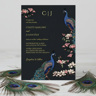 Invitation En Aluminium Mariage élégant au thème paon floral noir