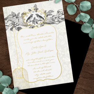 Invitation En Aluminium Mariage Élégant Cage à Oiseaux Or Noir & Gris