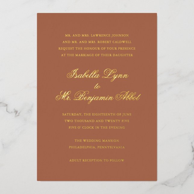 Invitation En Aluminium Mariage élégant et traditionnel en terre cuite (Recto)