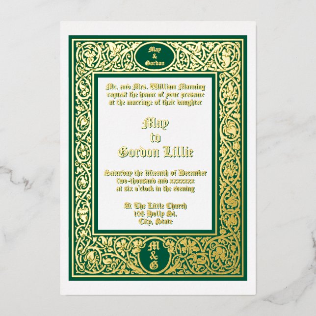 Invitation En Aluminium Mariage Élégant Feuillage & Bordure Florale (Recto)