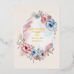 Invitation En Aluminium Mariage Élégant Fleurs Aquarelle Rose et Bleu