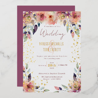 Invitation En Aluminium Mariage Élégant Fleurs Rose Aquarelle