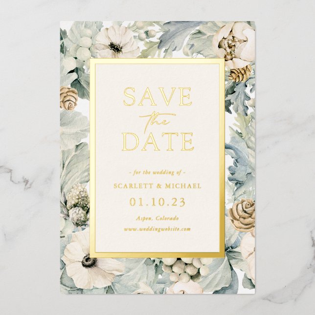 Invitation En Aluminium Mariage Élégant Floral Or (Recto)