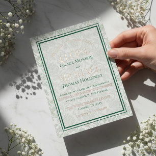 Invitation En Aluminium Mariage élégant floral Toile Monogramme vert écrit