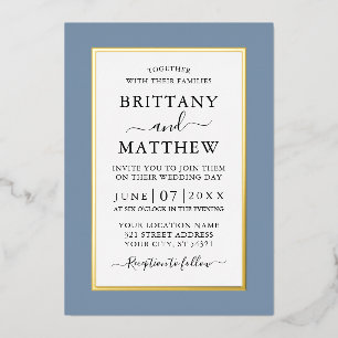 Invitation En Aluminium Mariage Élégant Moderne Bleu Poussiéreux Or