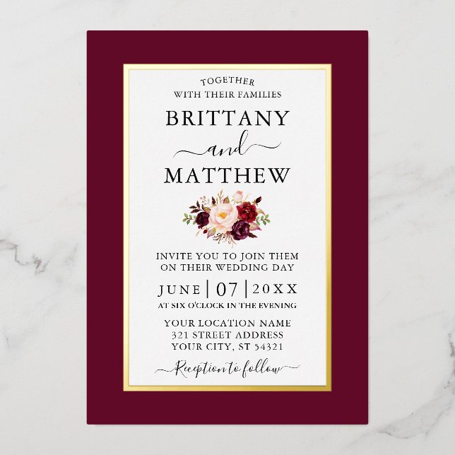 Invitation En Aluminium Mariage élégant moderne Bourgogne Floral Or (Recto)