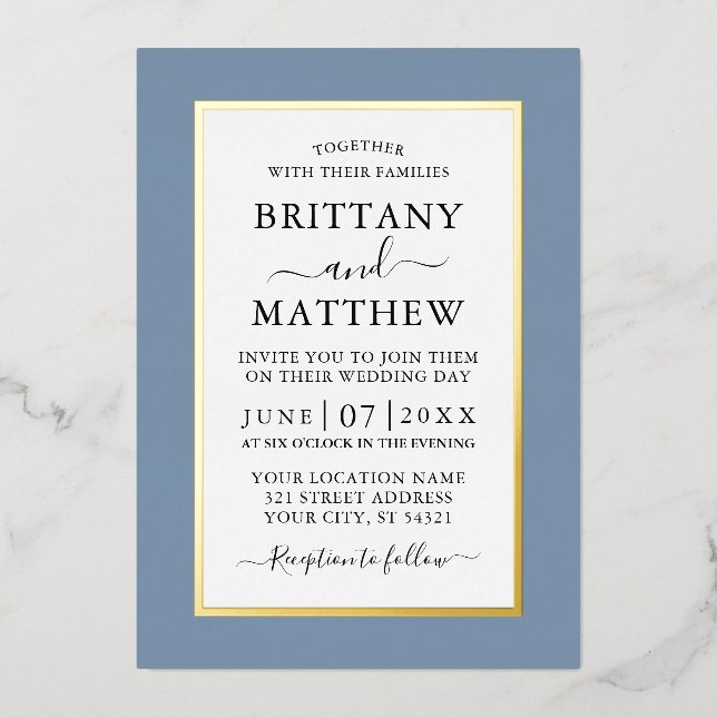 Invitation En Aluminium Mariage élégant moderne Dusty Blue Gold (Recto)