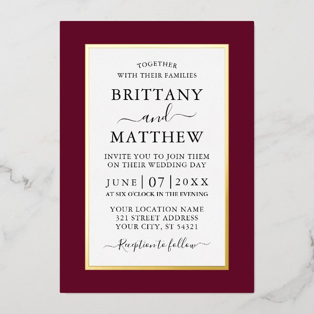 Invitation En Aluminium Mariage élégant moderne Or Bourgogne (Recto)