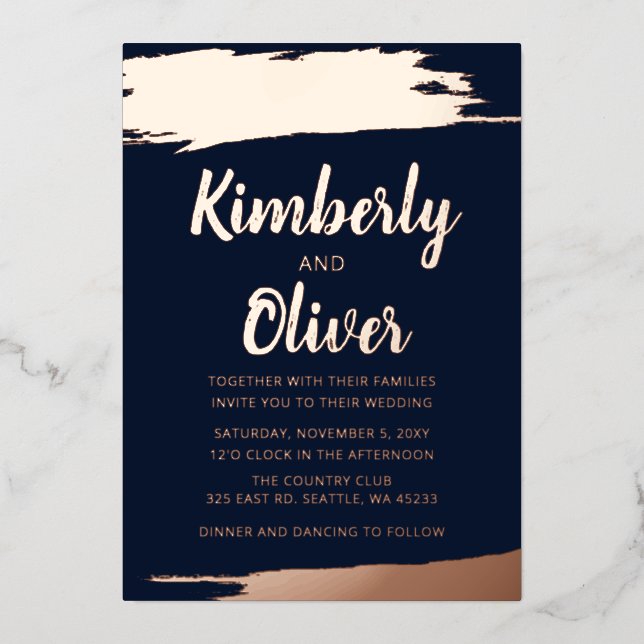 Invitation En Aluminium Mariage Élégant Navy Rose Gold brossé  (Recto)