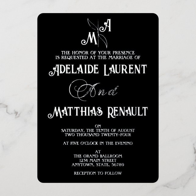 Invitation En Aluminium Mariage Élégant Noir et Blanc à Rayures Argentées (Recto)