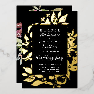 Invitation En Aluminium Mariage élégant noir floral doré à chaud