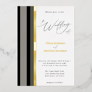 Invitation En Aluminium Mariage Élégant Rayures Noir Gris Or