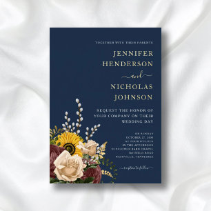 Invitation En Aluminium Mariage Élégant Tournesol Bleu Nuit Or