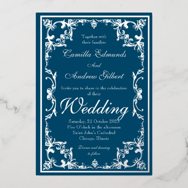 Invitation En Aluminium Mariage Elegant Turquoise Argent Ornate FLourish B (Recto)