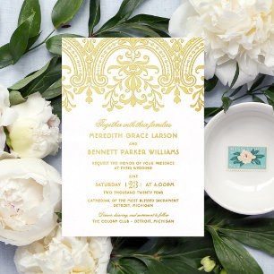 Invitation En Aluminium Mariage en Damas doré Vintage