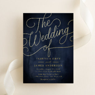 Invitation En Aluminium Mariage en écriture calligraphique Navy Gold 
