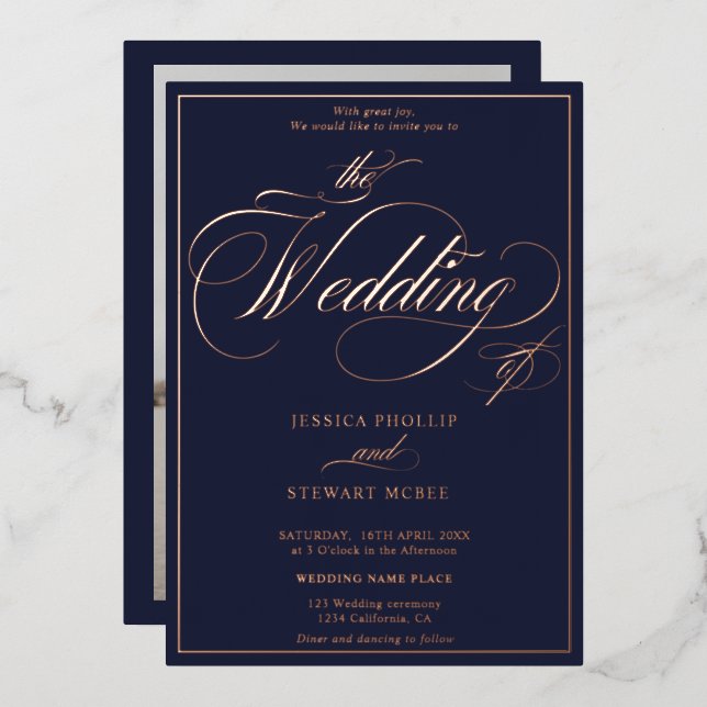 Invitation En Aluminium Mariage en or rose de la marine (Recto/Verso)
