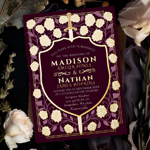 Invitation En Aluminium Mariage Fantasy Médiéval Monogramme Épée & Bouclie