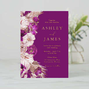 Invitation En Aluminium Mariage Feuille d'Or Rose Gold et Violet Pourpre &