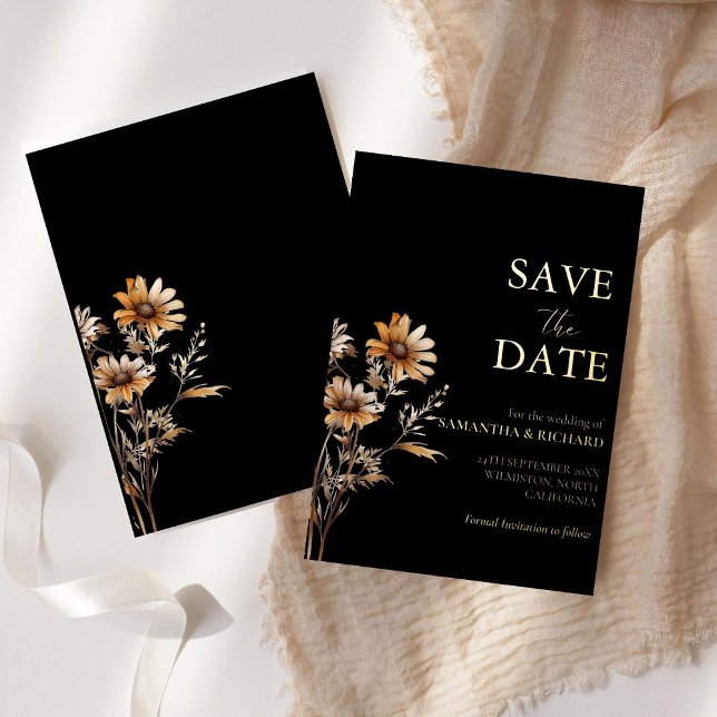 Invitation En Aluminium Mariage fleur sauvage noir et or enregistrer la da (Créateur téléchargé)