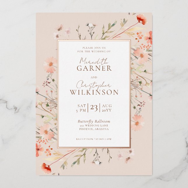 Invitation En Aluminium Mariage Fleur sauvage rose Gold Foil (Recto)
