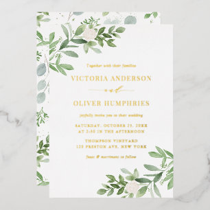 Invitation En Aluminium Mariage Fleurs Blanches et Feuillage à l'Aquarelle