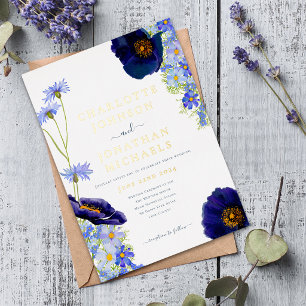 Invitation En Aluminium Mariage Floral Aquarelle Fleurs Bleues Moderne