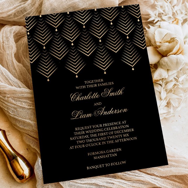 Invitation En Aluminium Mariage floral Art Déco noir & or Pressé (Créateur téléchargé)