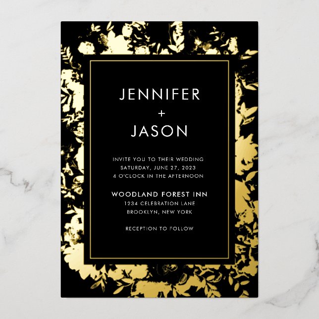 Invitation En Aluminium Mariage Floral Black Gold moderne (Recto)