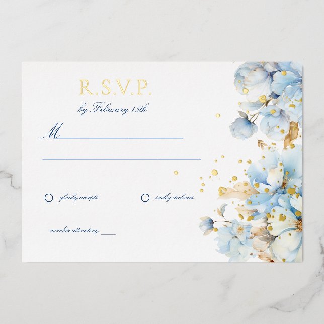 Invitation En Aluminium Mariage floral bleu Dusty RSVP (Recto)