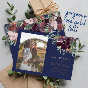 Invitation En Aluminium Mariage floral Blush de la Marine Photo Enregistre