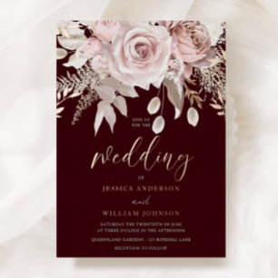 Invitation En Aluminium Mariage Floral Burgundy Profond & Rose Gold