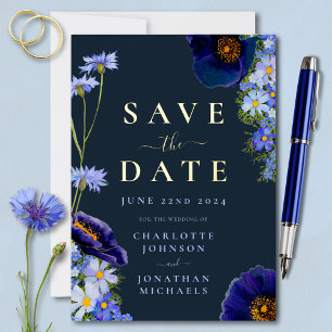 Invitation En Aluminium Mariage Floral Élégant Bleu Nuit et Or
