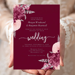 Invitation En Aluminium Mariage Floral Élégant Bourgeon Bourgogne Argent