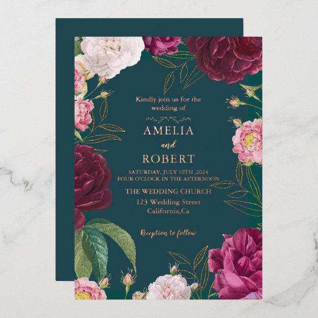 Invitation En Aluminium Mariage Floral Gold & Emerald Green (Recto/Verso)